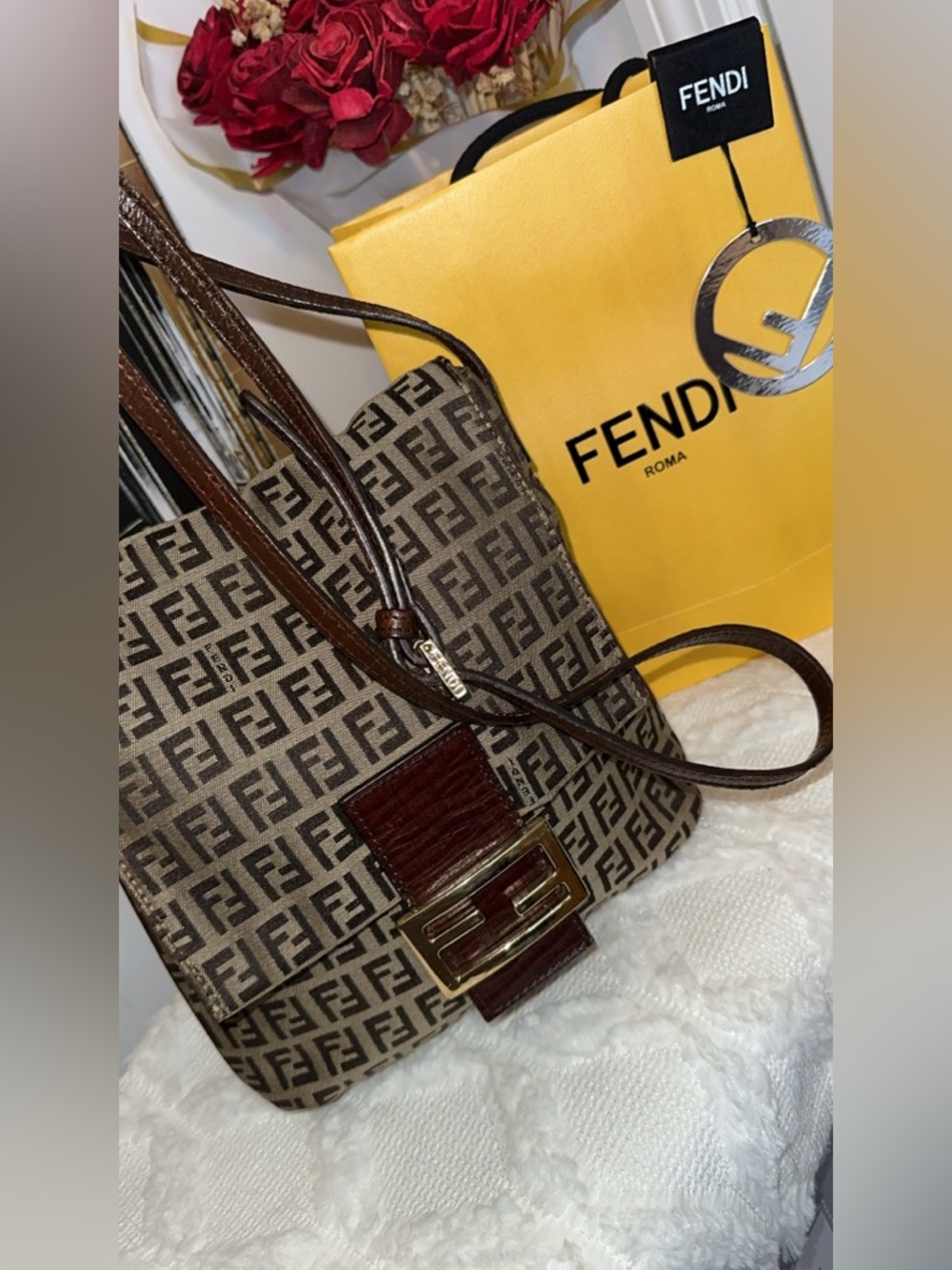 Fendi Brown FF Zucchino Canvas Shoulder or crossbody Bag with Dark Brown Trim